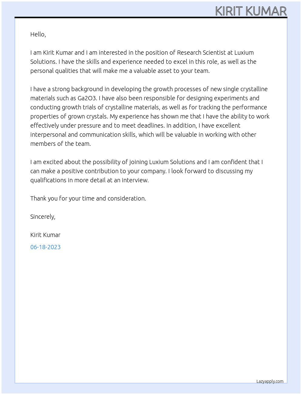 Research Scientist At Luxium Solutions Cover Letter