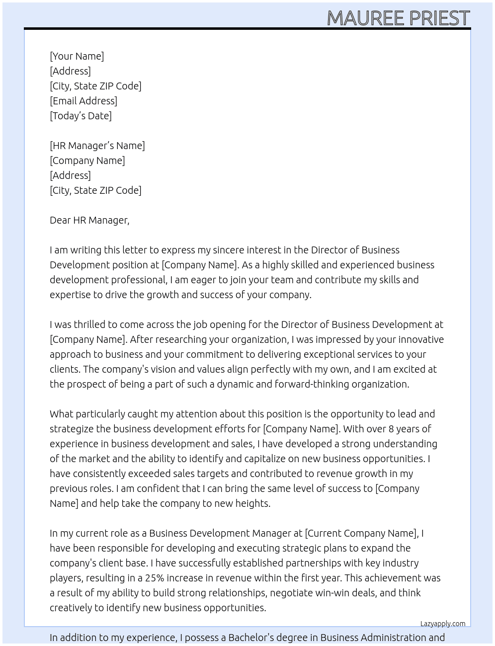 Director of Business Development At To Whom It May COncern Cover Letter