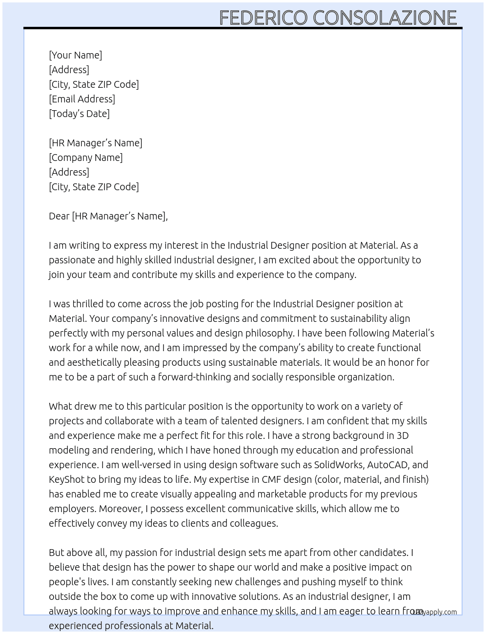 Industrial Designer At Material Cover Letter