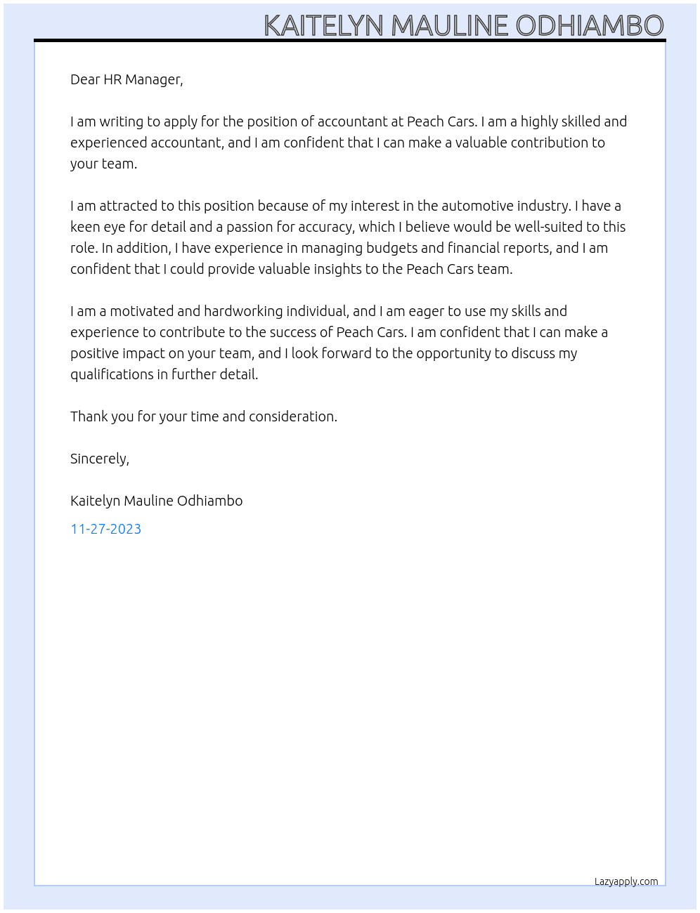 accountant At PEACH CARS Cover Letter