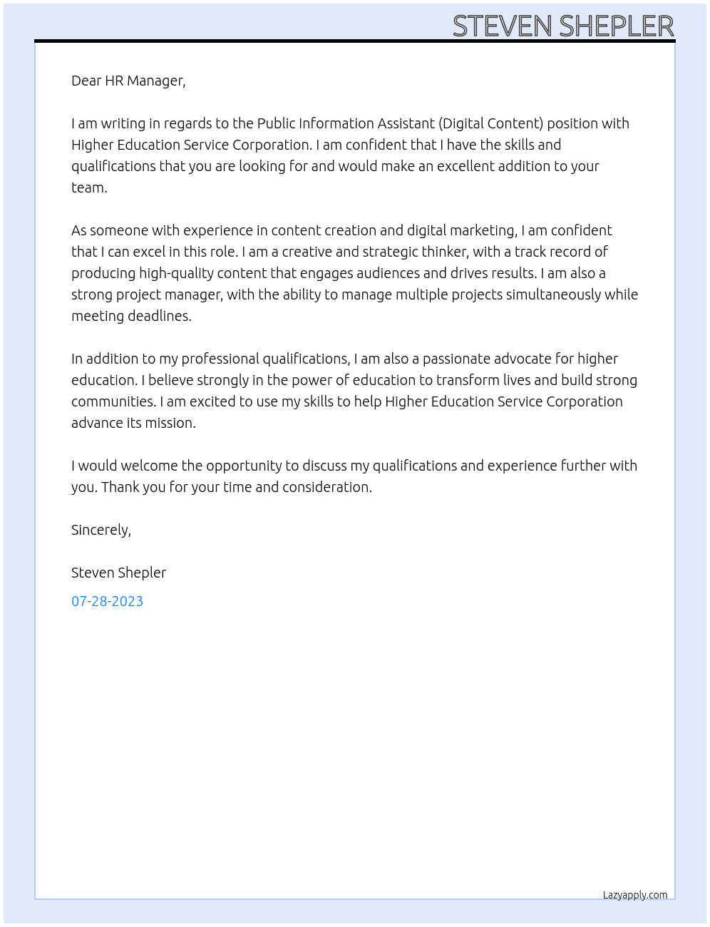 Public Information Assistant (Digital Content) At Higher Education Service Corporation Cover Letter