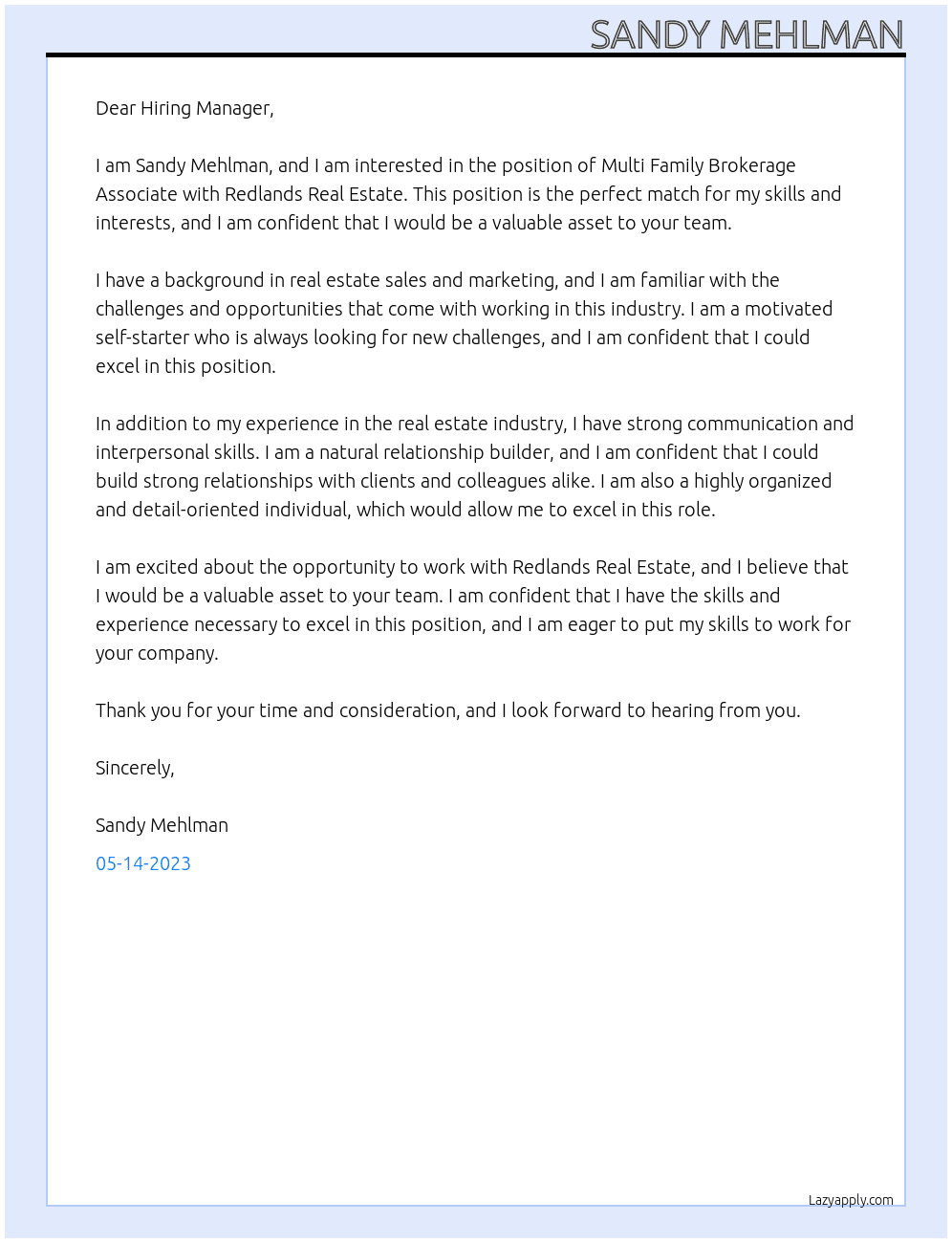 Multi Family Brokerage Associate At Redlands Real Estate Cover Letter