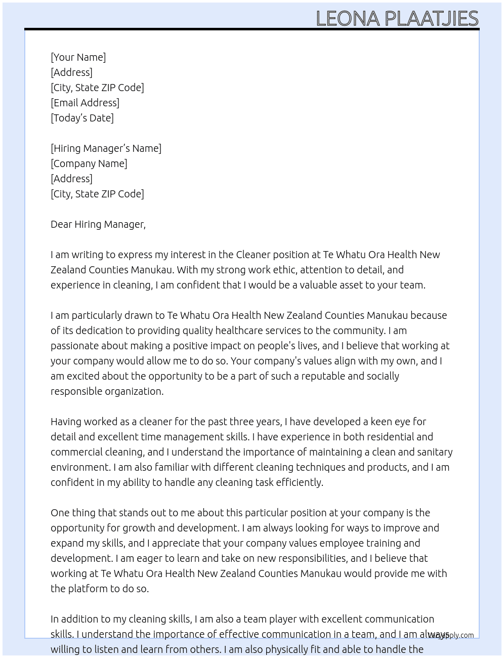 Cleaner  At Te Whatu Ora Health New Zealand Counties Manukau Cover Letter