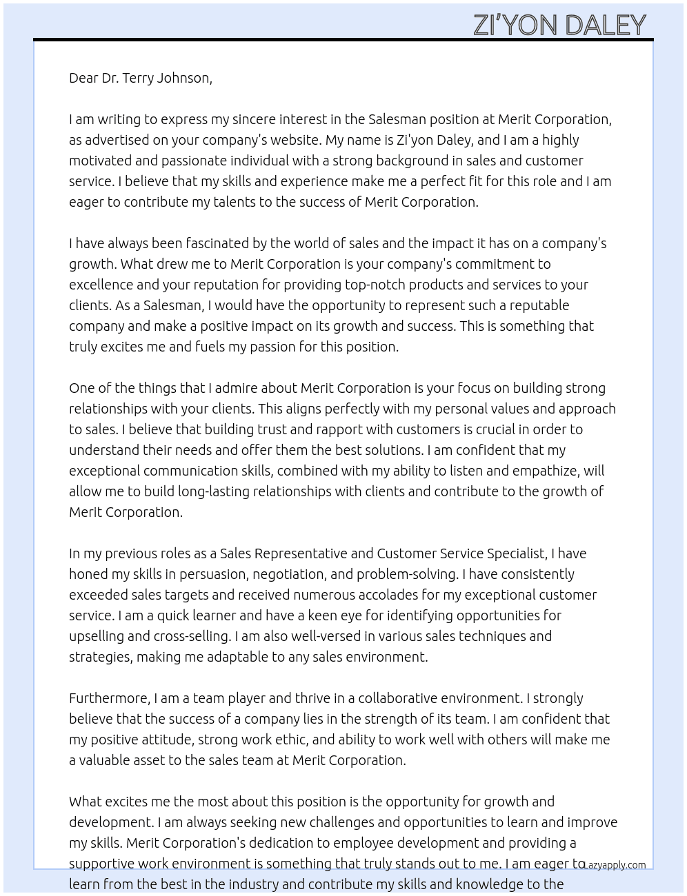 Salesman  At Merit Corporation  Cover Letter