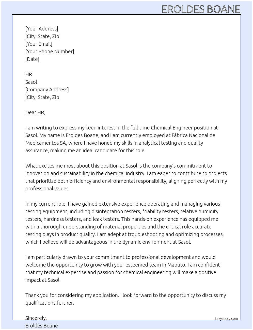Chemical engineer At Fábrica Nacional de Medicamentos SA  Cover Letter