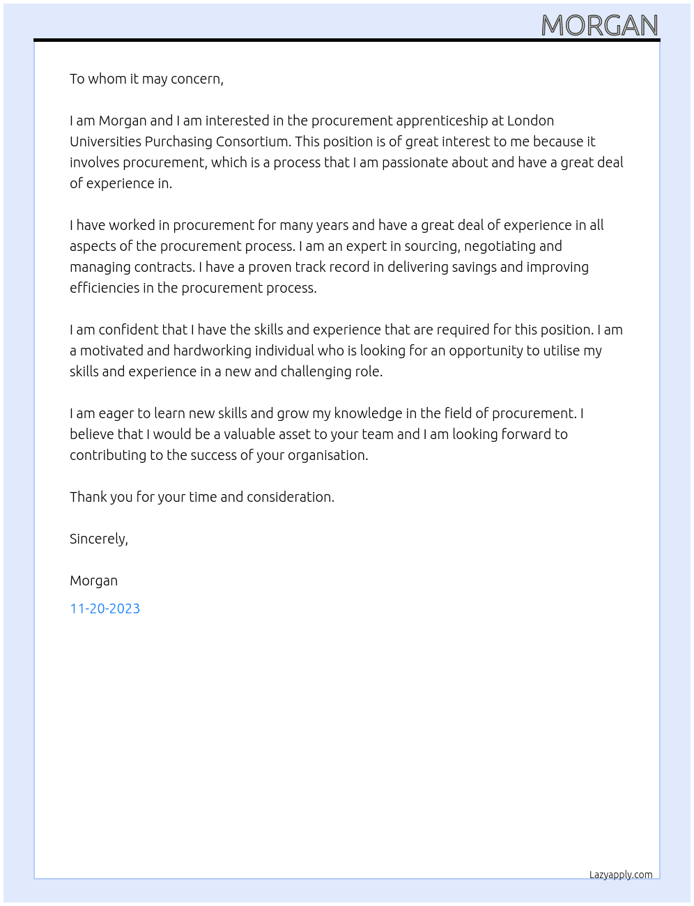 Procurement apprenticeship At London Universities Purchasing Consortium  Cover Letter