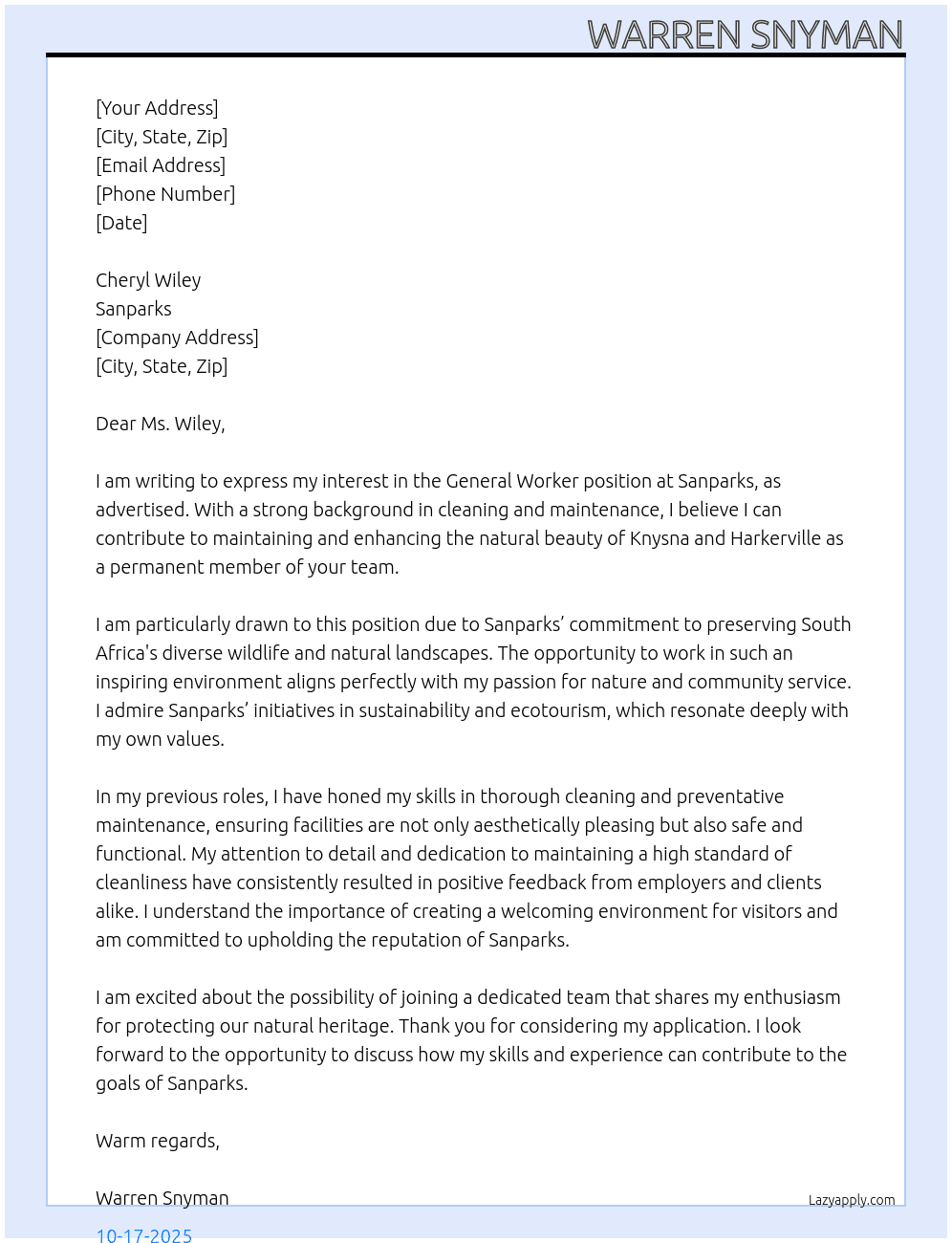 General Worker  At Sanparks Cover Letter