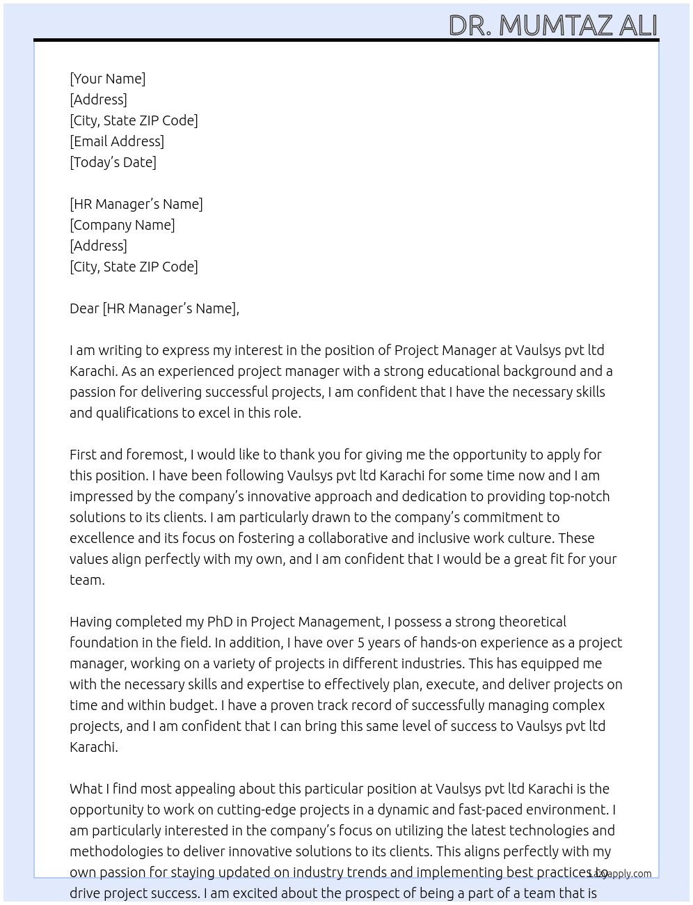 Project Manager  At Vaulsys pvt ltd Karachi Cover Letter