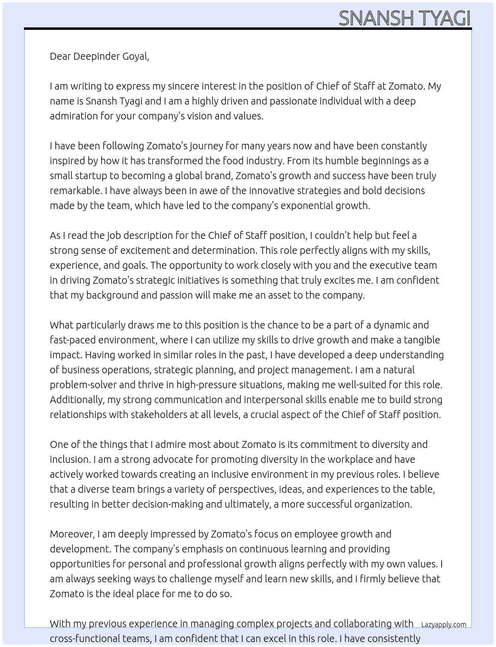 Chief of staff At Zomato  Cover Letter
