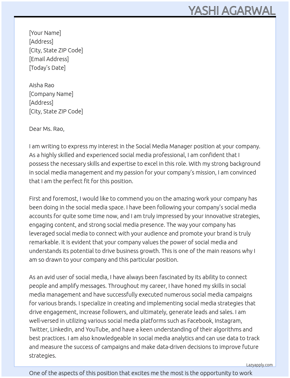 Social media manager At Aisha Rao  Cover Letter
