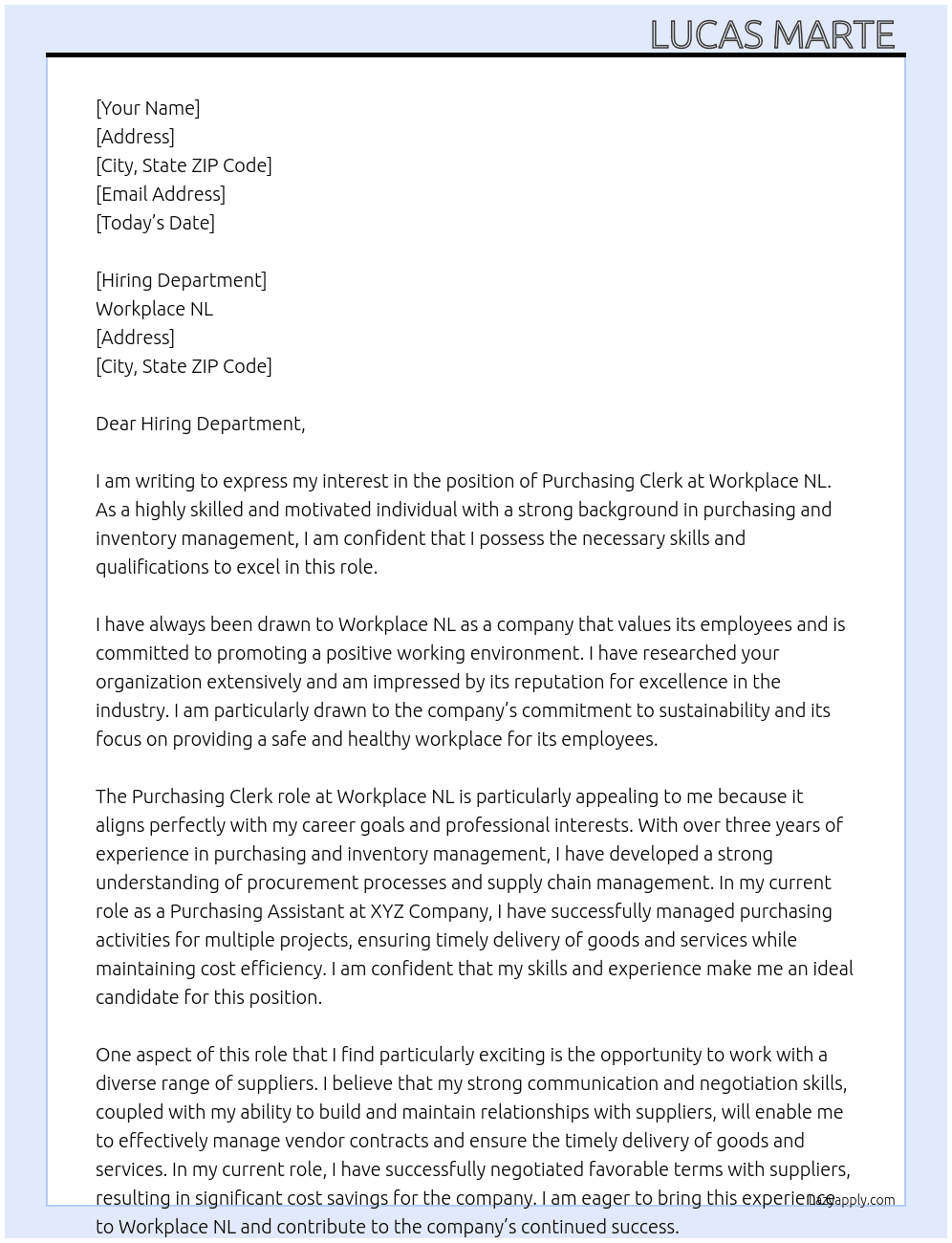 Purchasing Clerk  At Workplace NL  Cover Letter