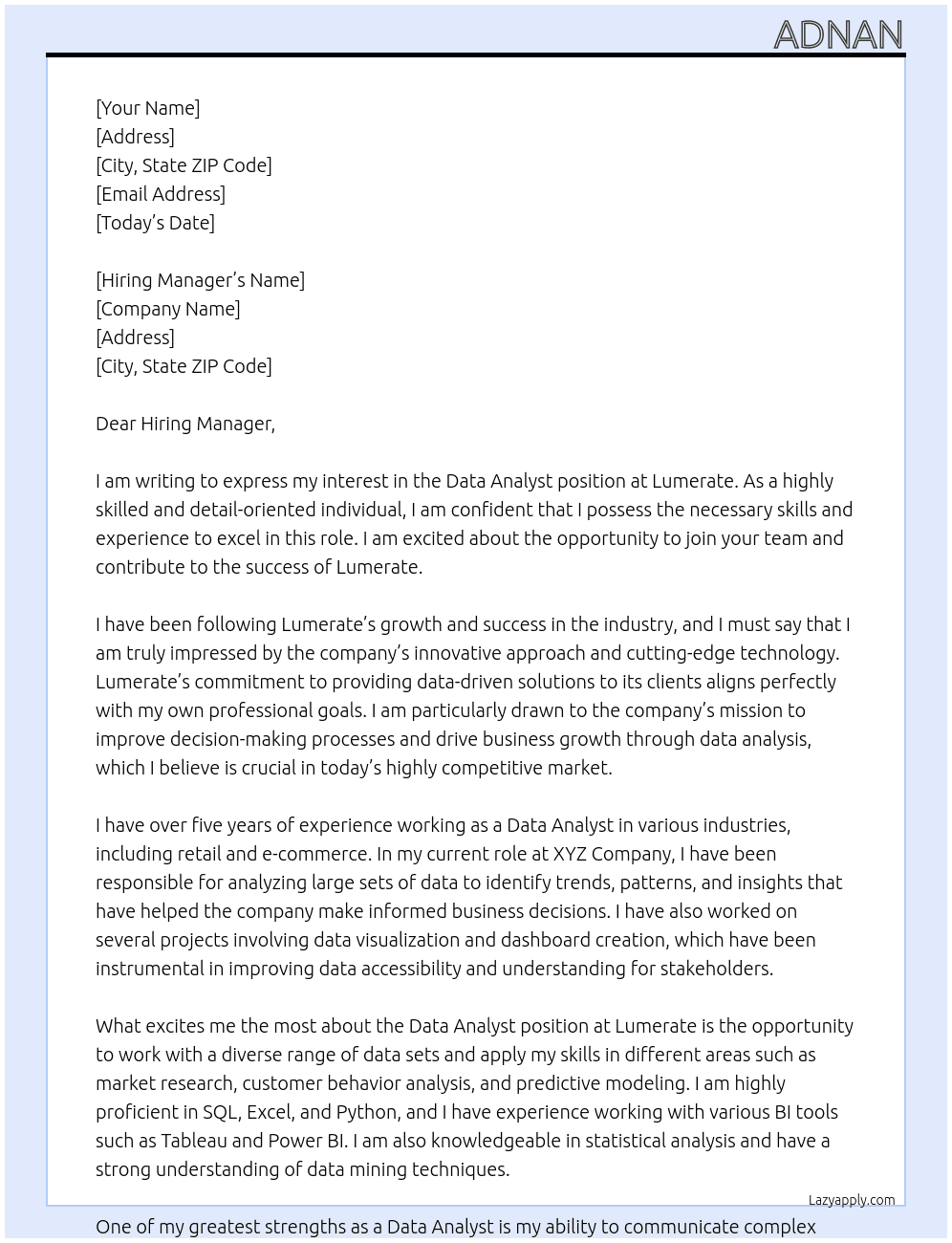 Data Analyst At Lumerate Cover Letter