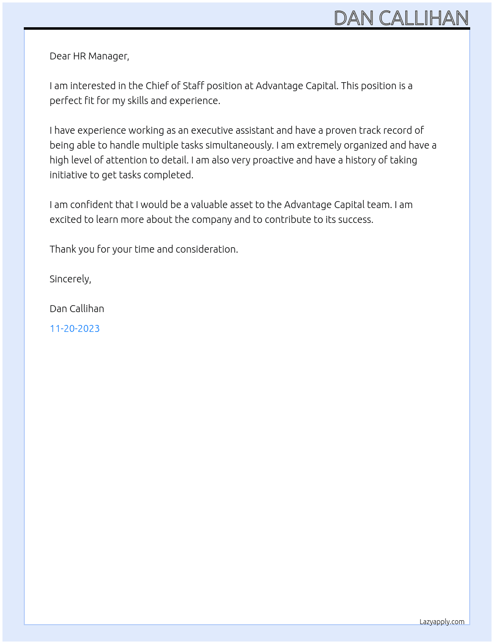Chief of Staff At Advantage Capital Cover Letter