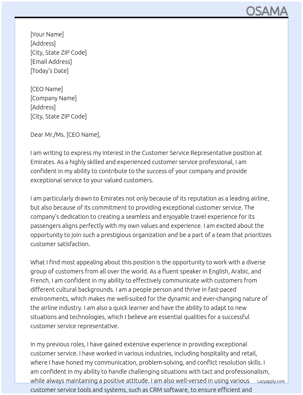Customer Service representive At Emirates Cover Letter