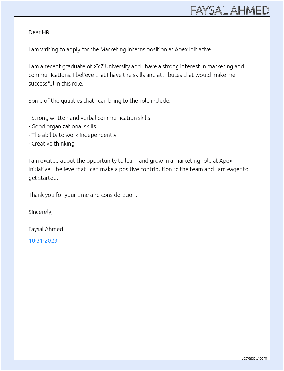 Marketing Interns  At Apex Initiative  Cover Letter