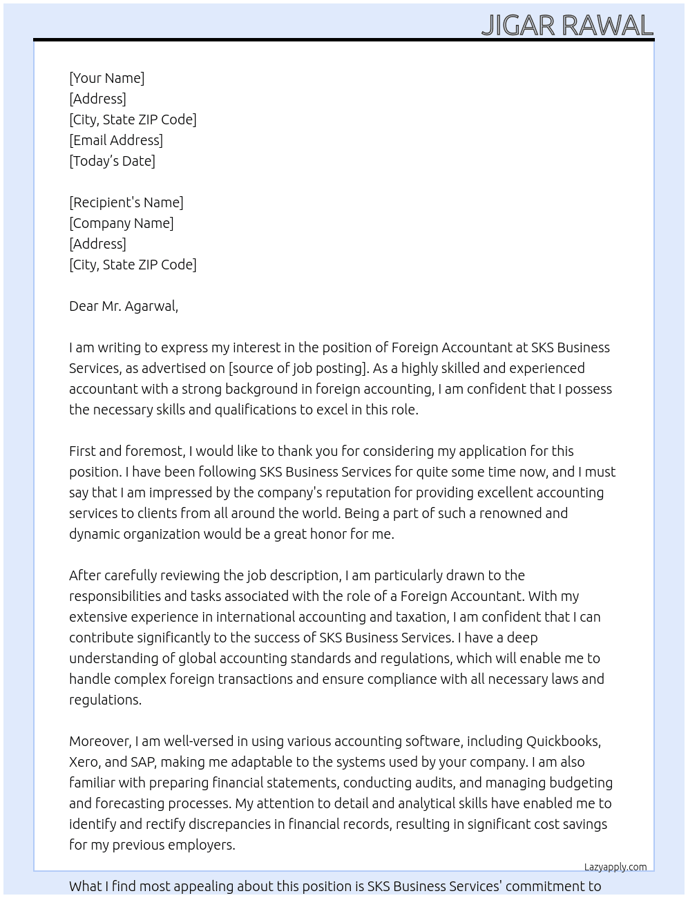 FOREIGN ACCOUNTANT  At SKS BUSINESS SERVICES Cover Letter