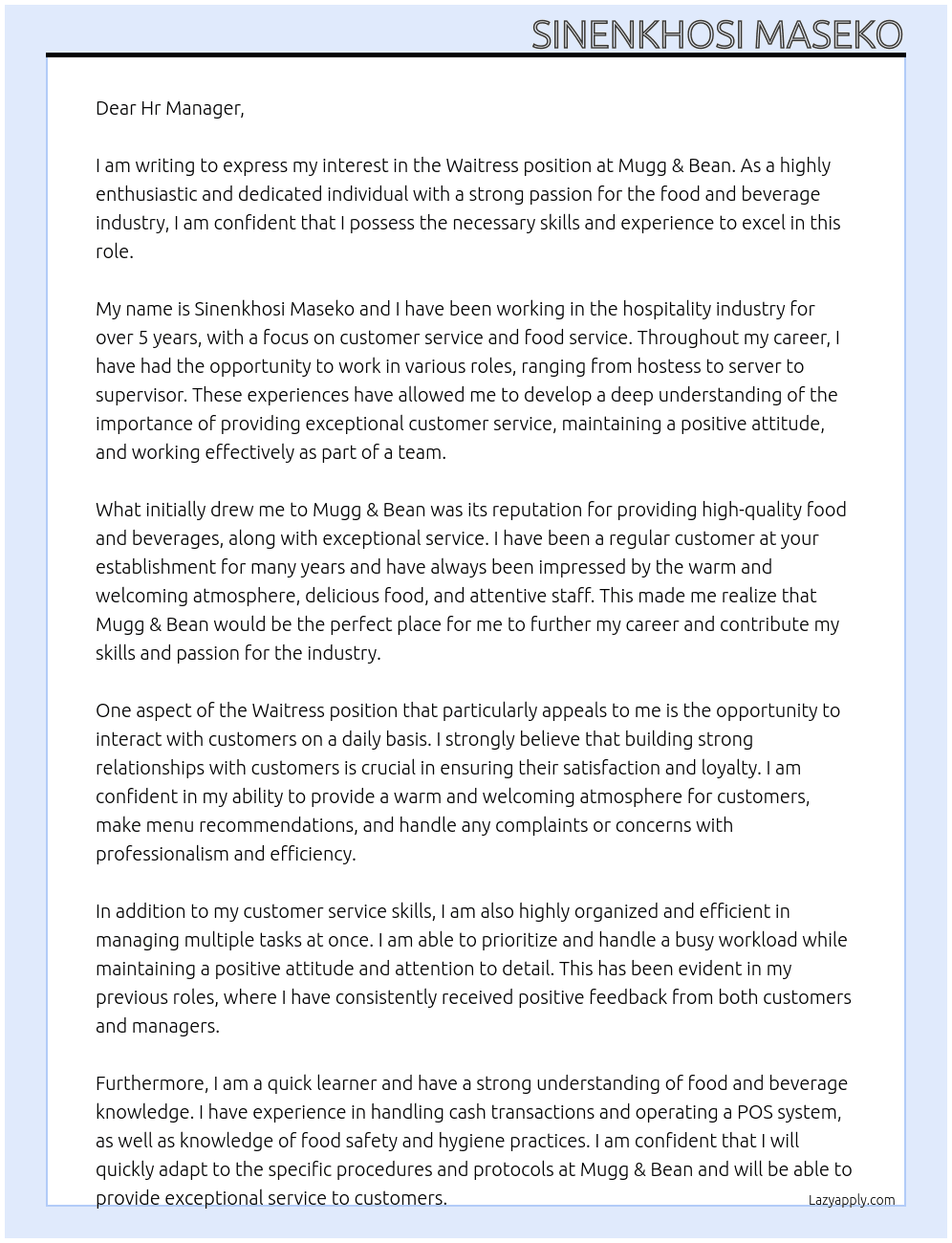 Waitress  At Mugg & Bean Cover Letter