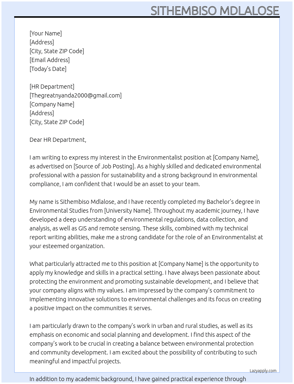 Environmentalist At thegreatnyanda2000@gmail.com Cover Letter