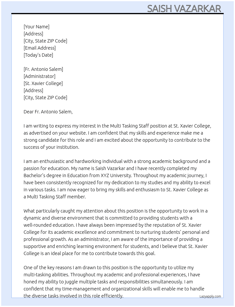 Multi tasking staff  At St Xavier Ollege College  Cover Letter
