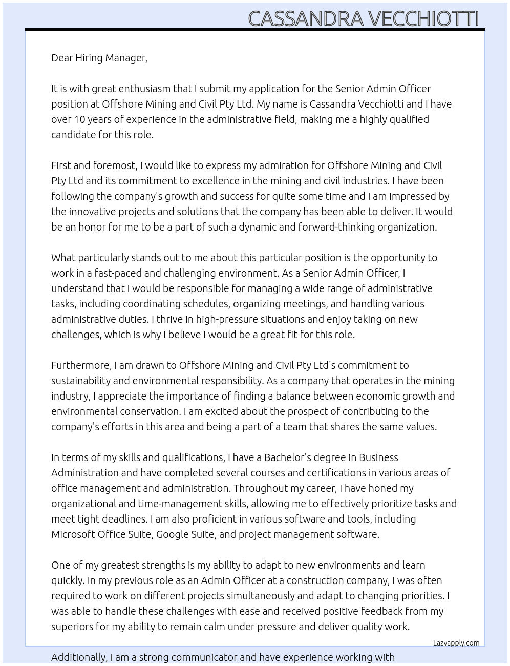 Senior Admin Officer At Offshore Mining and Civil Pty Ltd Cover Letter