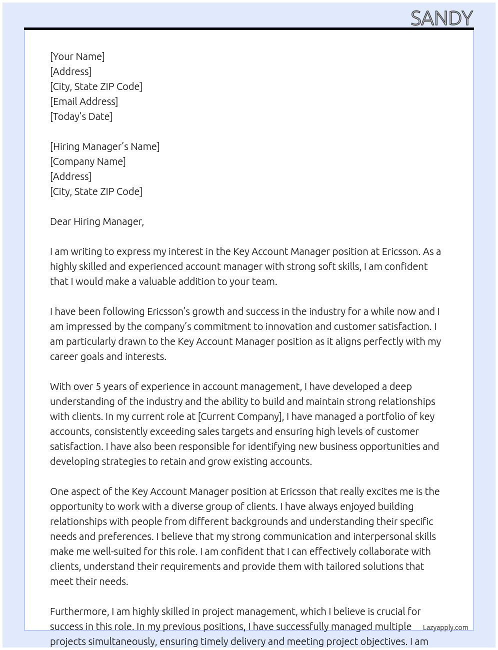 Key Account Manager At Ericsson Cover Letter