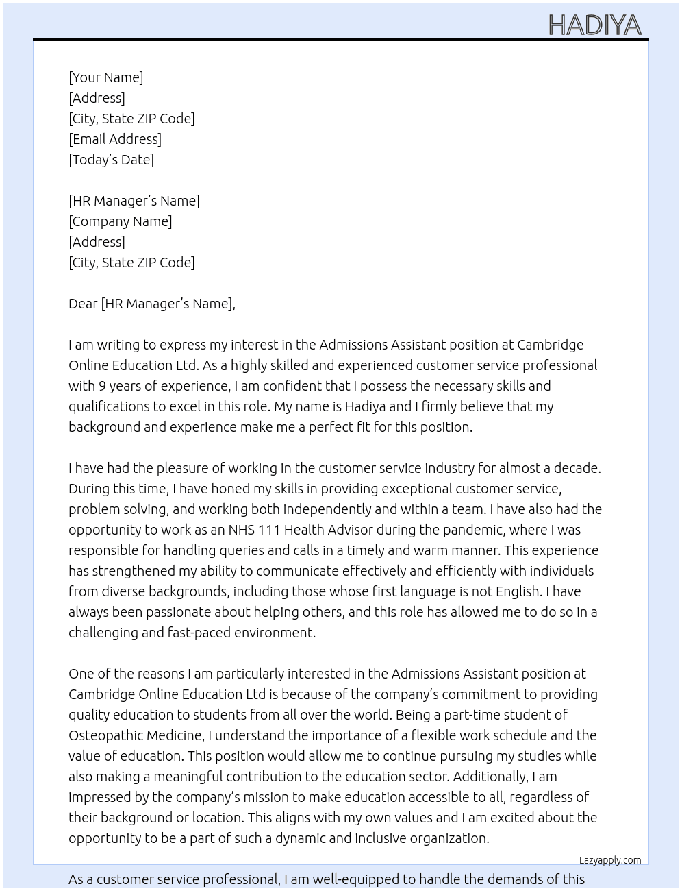 Admissions Assistant At cambridge online education Ltd  Cover Letter