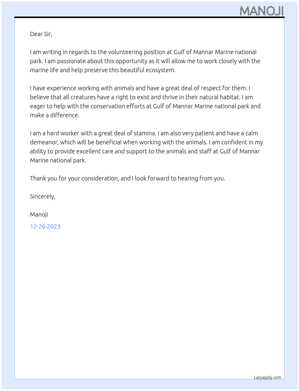 Volunteering  At Gulf of Mannar Marine national park Cover Letter