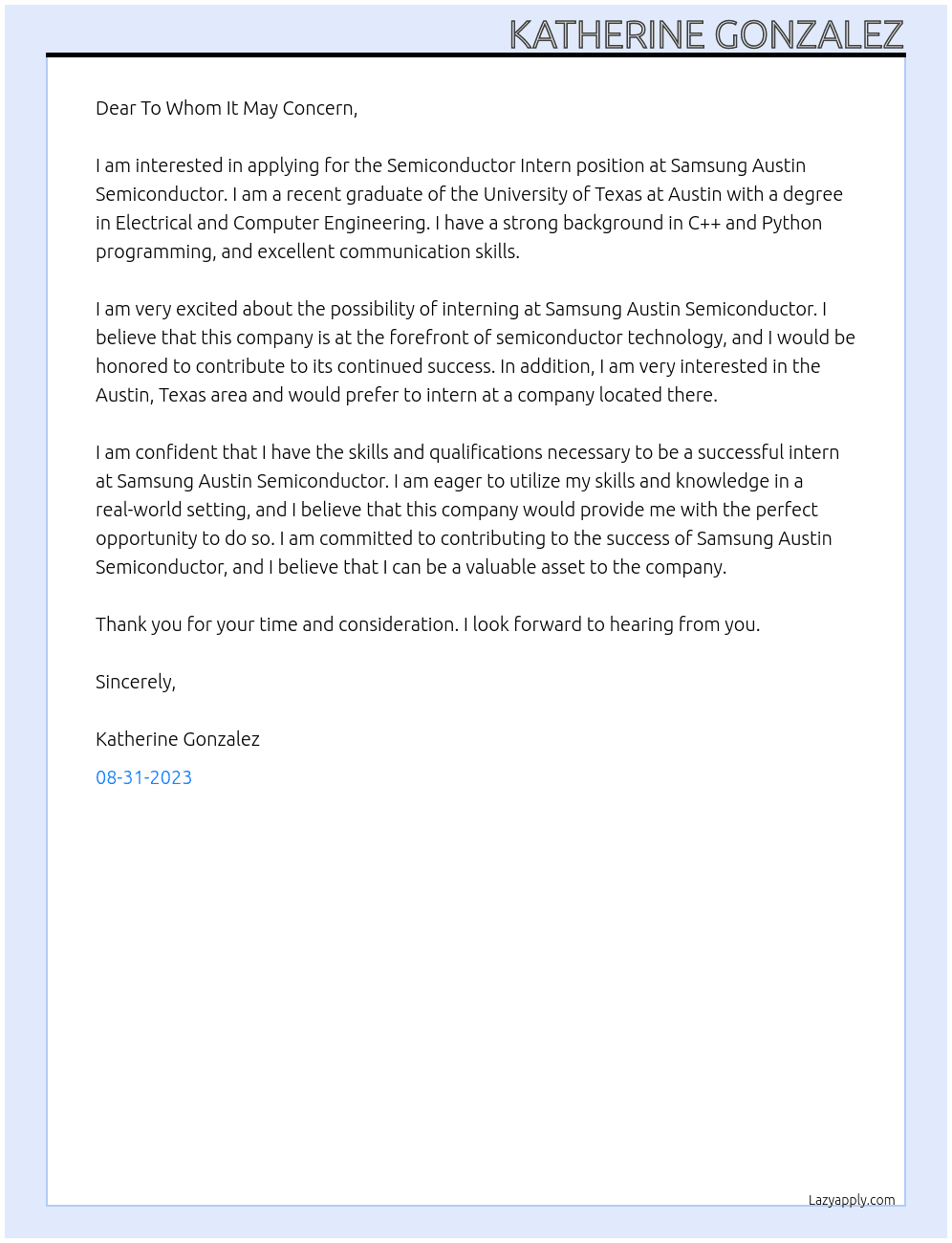 Semiconductor Intern At Samsung Austin Semiconductor Cover Letter
