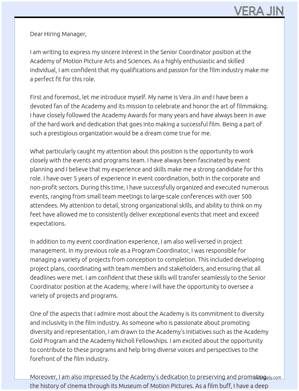 Senior Coordinator At Academy of Motion Picture Arts and Sciences Cover Letter