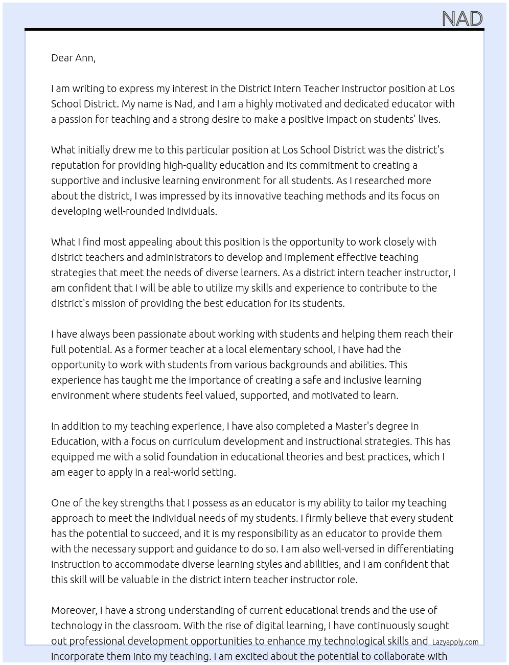 district intern teacher instructor At los  Cover Letter