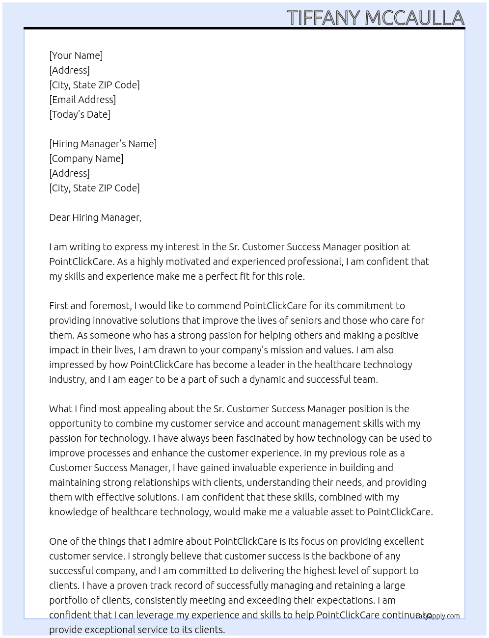 Sr. Customer Success Manager At PointClickCare Cover Letter