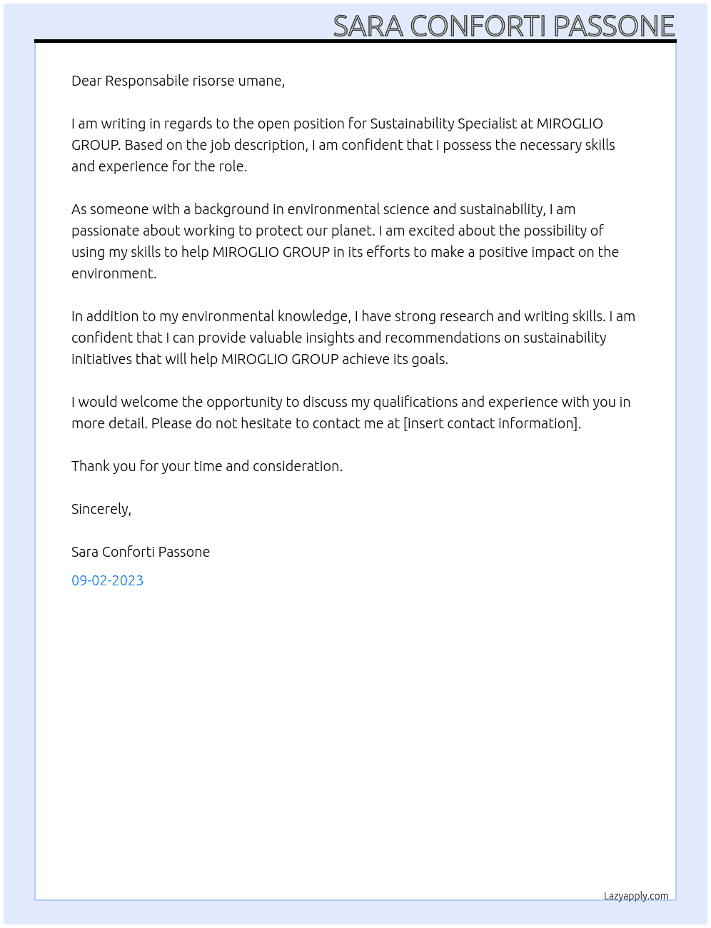 Sustainability Specialist At MIROGLIO GROUP Cover Letter