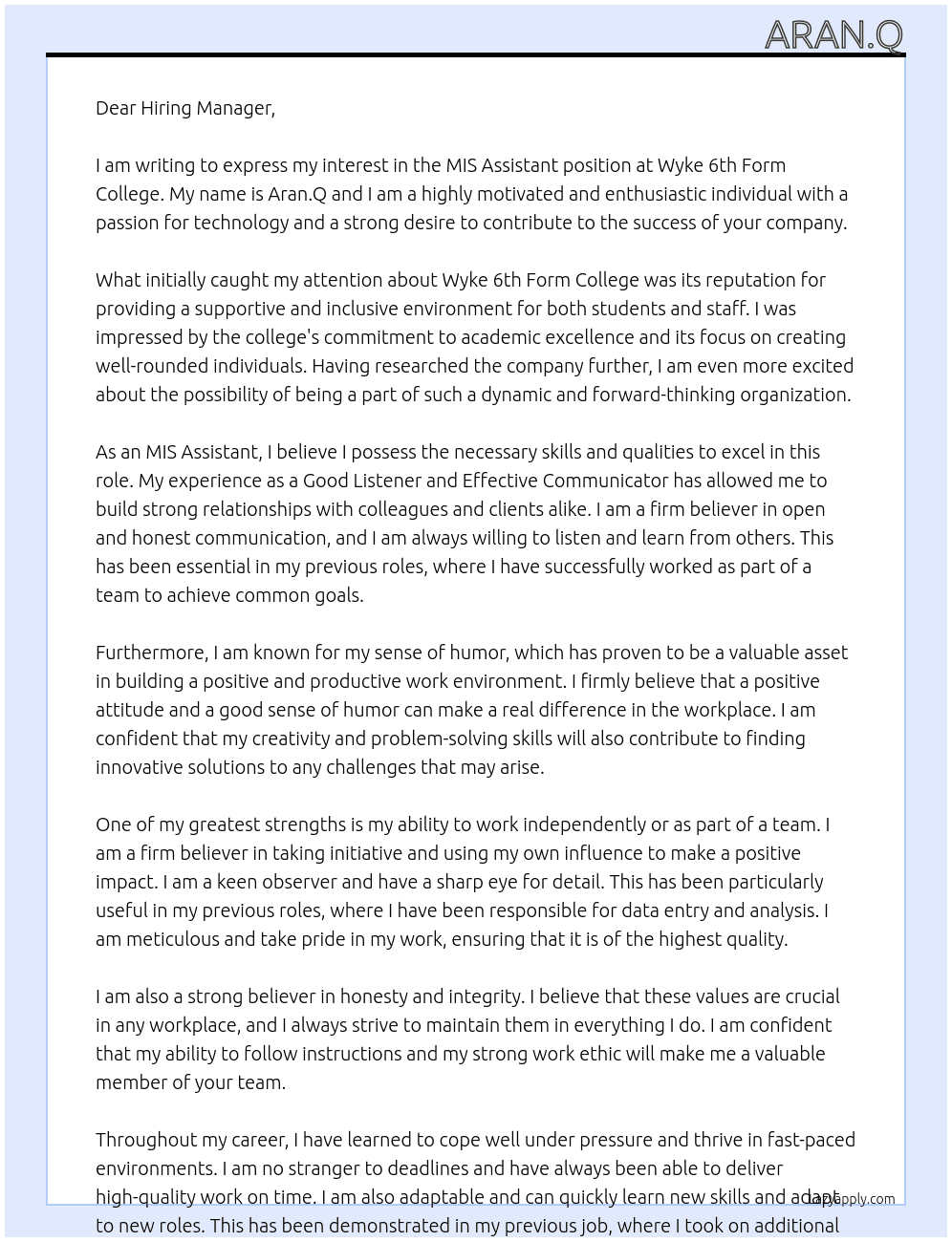 MIS Assistant  At Wyke 6th Form College  Cover Letter
