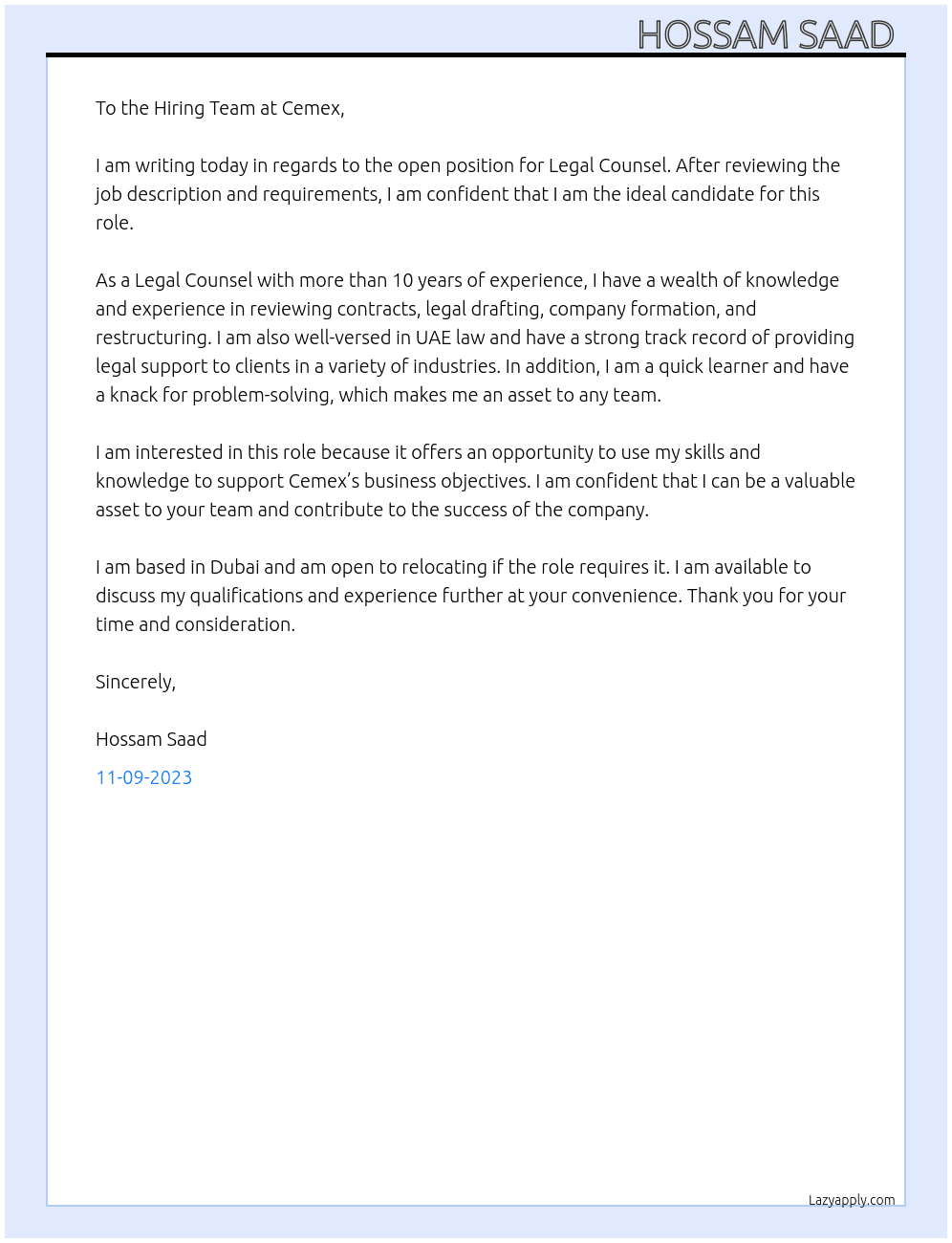 Legal counsel  At Cemex Cover Letter