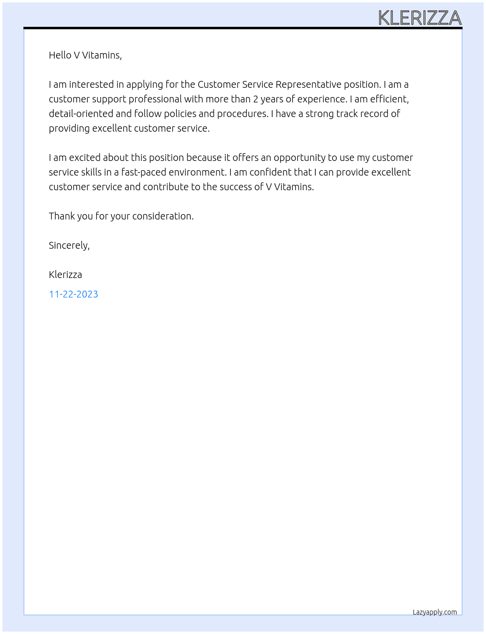 Customer Service Representative At V Vitamins Cover Letter