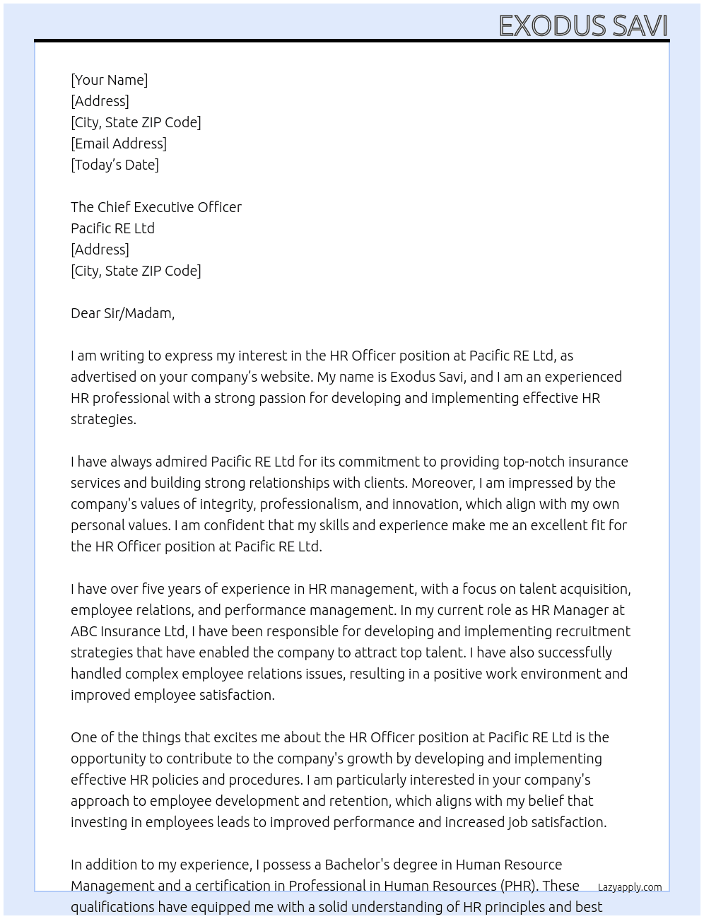 HR Officer At Pacific RE Ltd Cover Letter