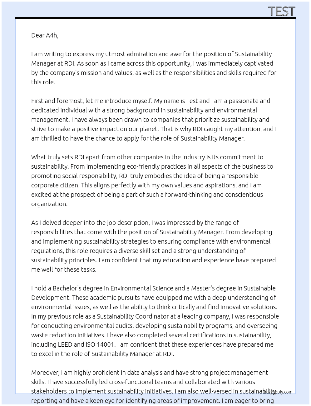 Sustainability Maanger At RDI Cover Letter