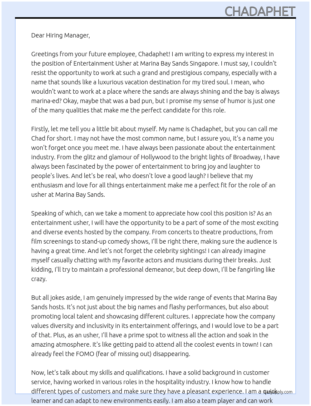 entertainment usher At marina bay sands singapore Cover Letter