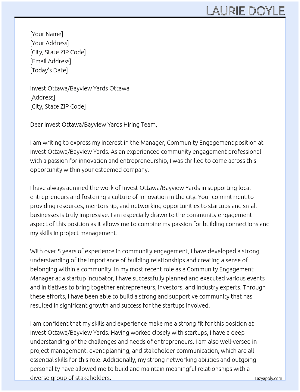 Manager, Community Engagement At Invest Ottawa/Bayview Yards Ottawa Cover Letter