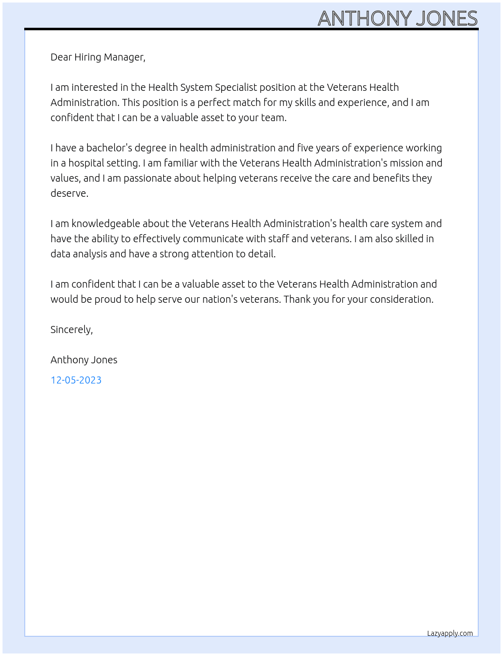Health System Specialist At  Veterans Health Administration Cover Letter