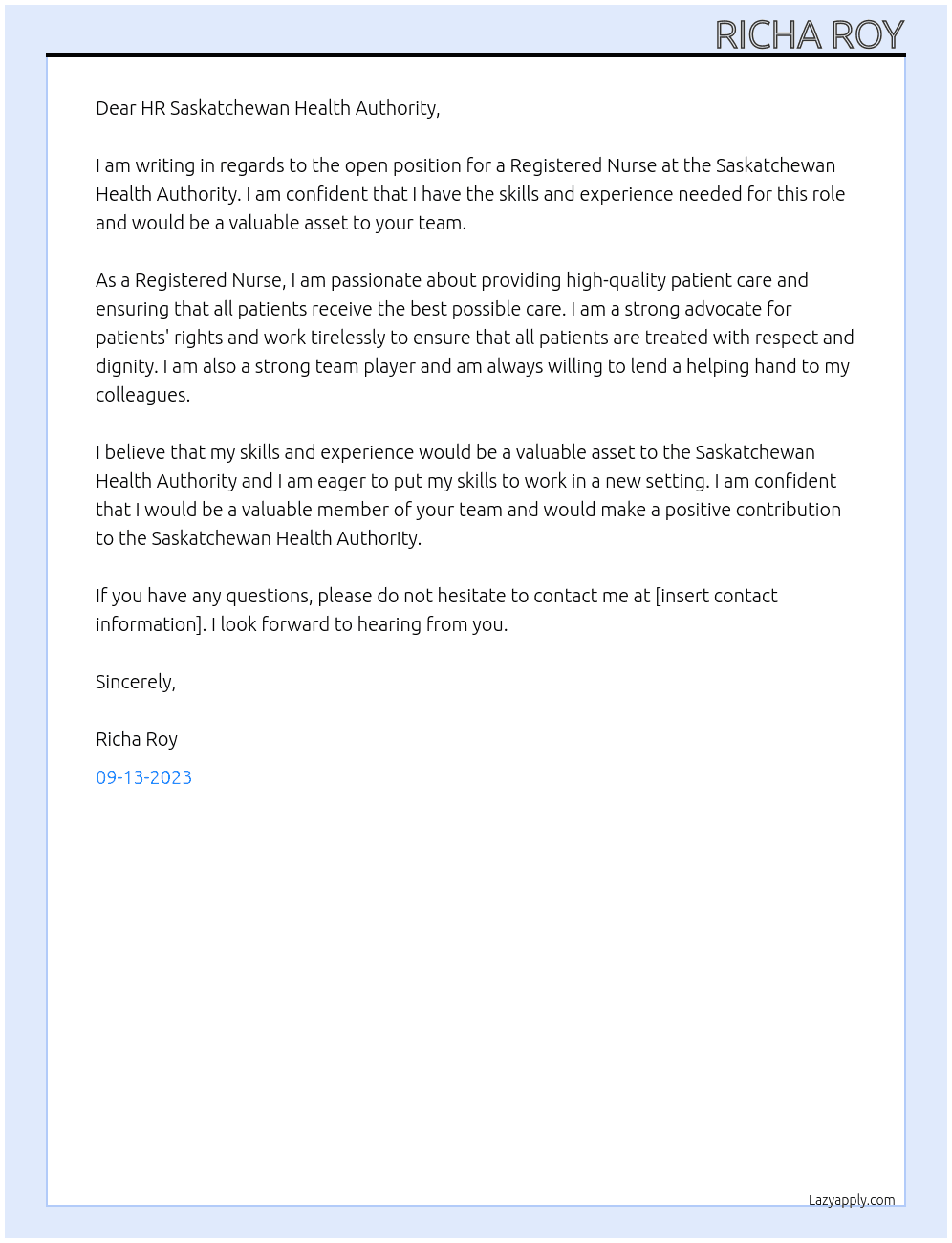 REGISTERED NURSE At Saskatchewan Health Authority Cover Letter