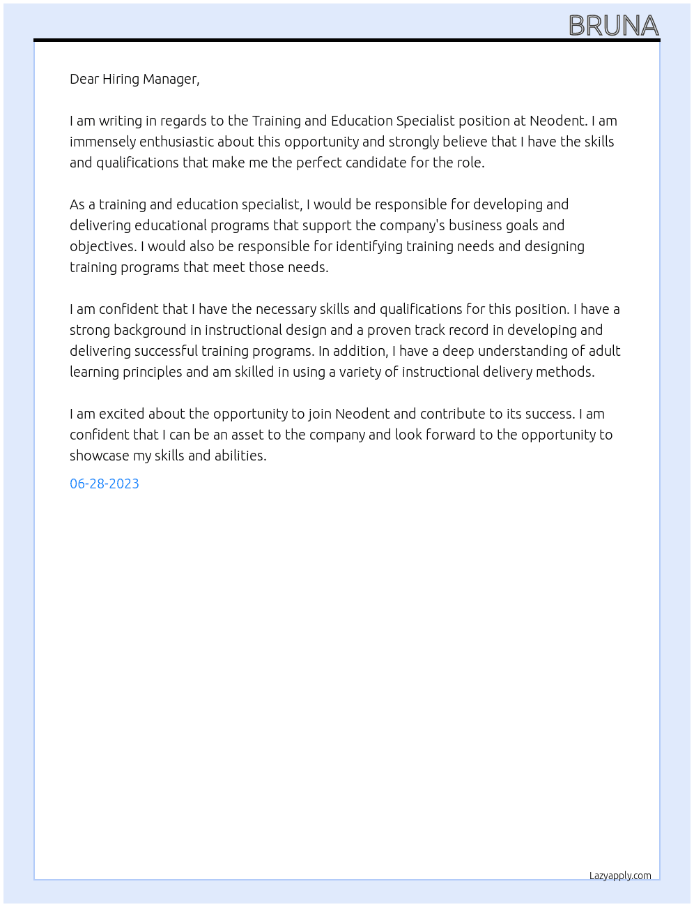 Training and Education Specialist At Neodent Cover Letter