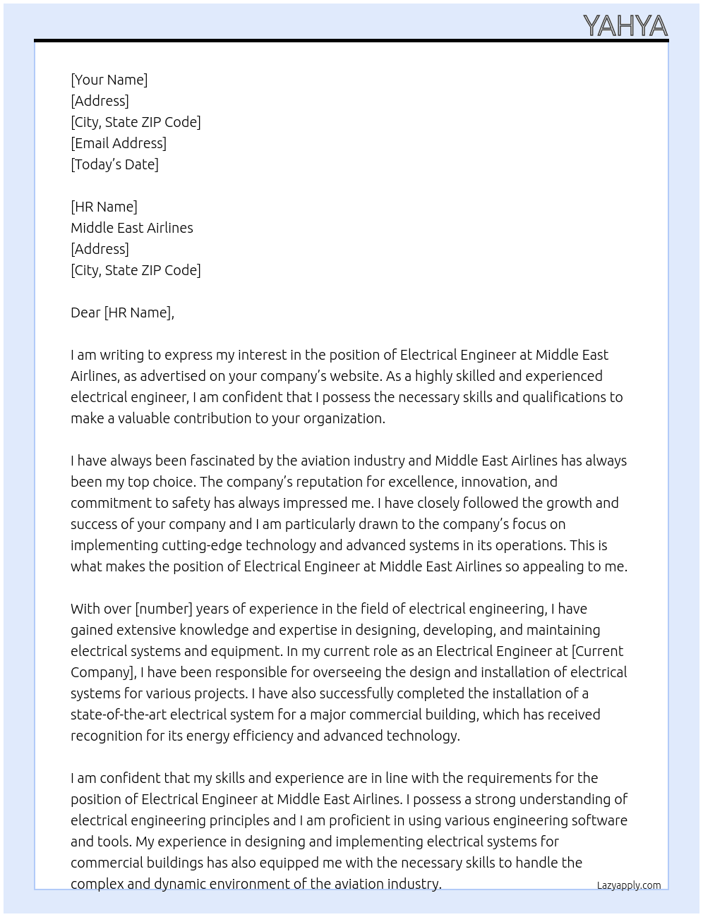 electrical engineer At middle east airlines Cover Letter