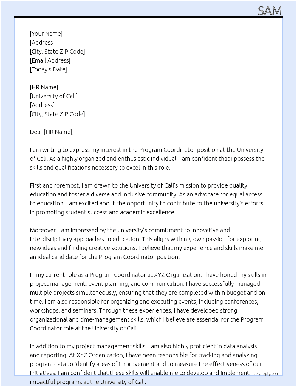 Program Coodinator At University of Cali Cover Letter