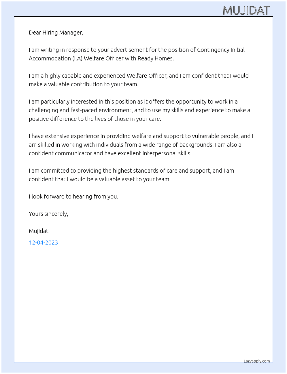 Contingency Initial Accommodation (I.A) Welfare Officer  At Ready Homes  Cover Letter