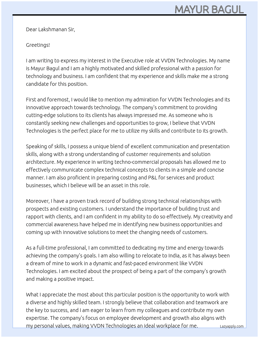 Executive Role  At VVDN Technologies  Cover Letter