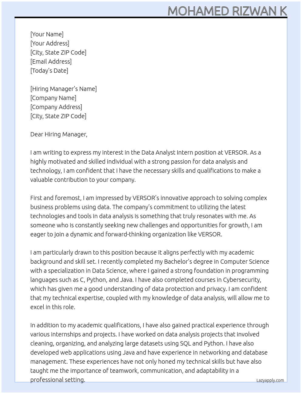 Data Analyst Intern At VERSOR  Cover Letter