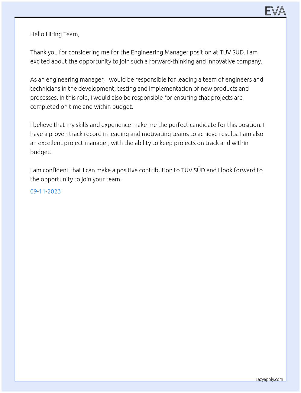 https://careers.tuvsud.com/jobs.cfm?offerId=16322&language=EN At TÜV SÜD Cover Letter