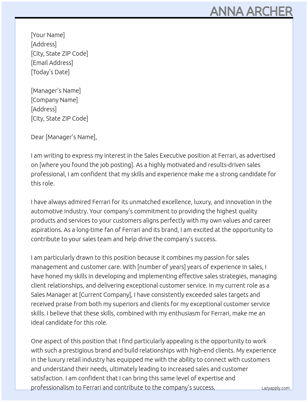 Sales Executive At Ferrari  Cover Letter