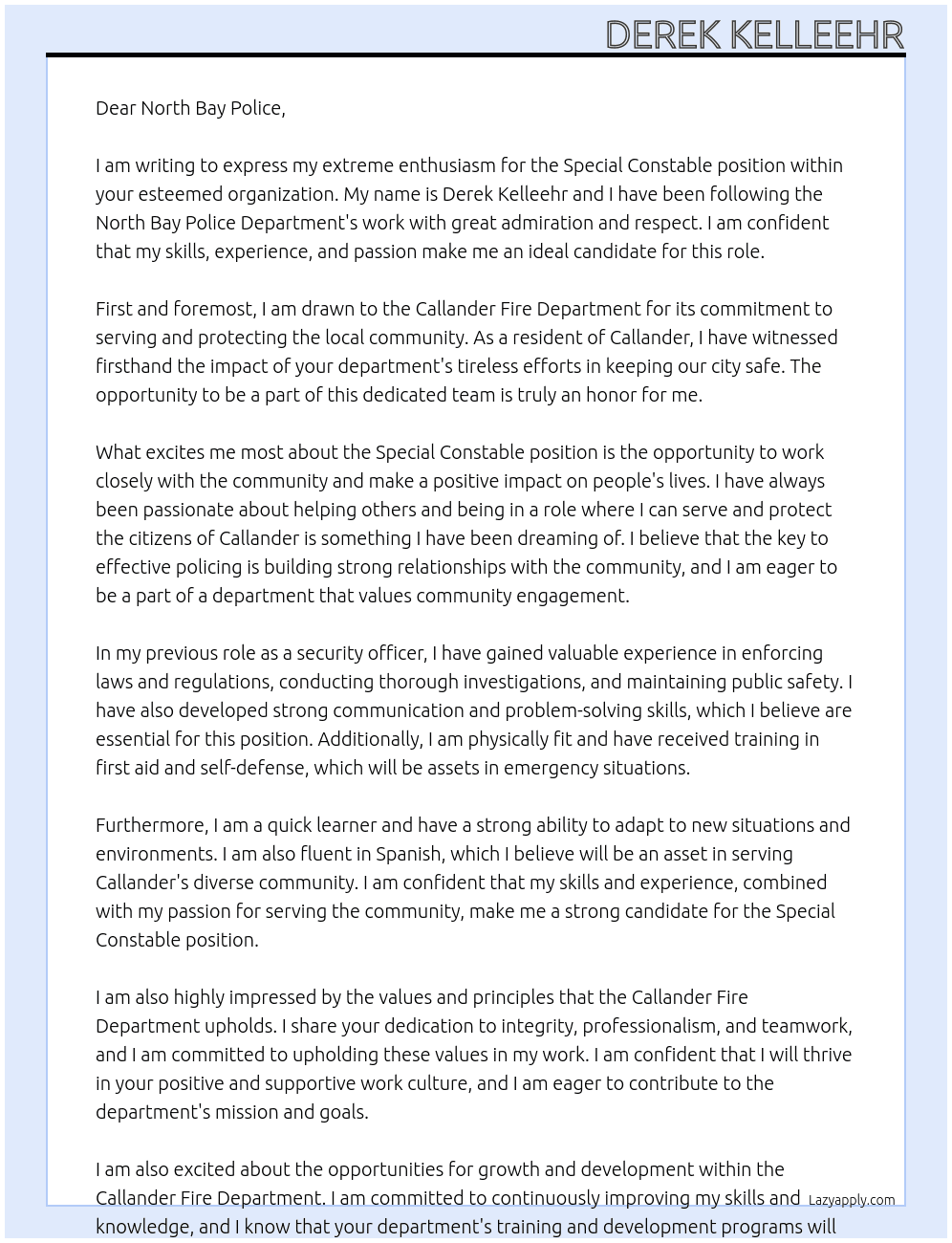 Special Constable At Callander fire department Cover Letter